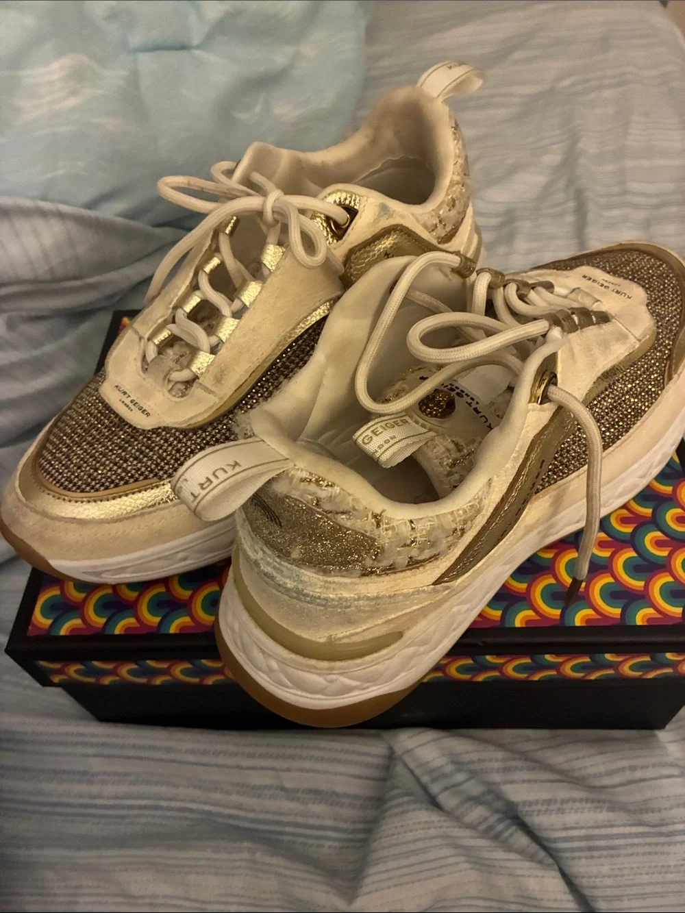 Kurt Geiger Gold and White Platform Sneakers
